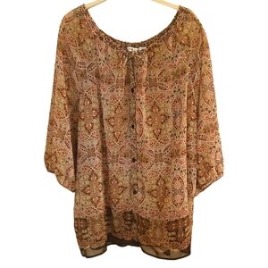 Liz Claiborne Woman Button Front Brown And Beige Peasant  Blouse Size 3X